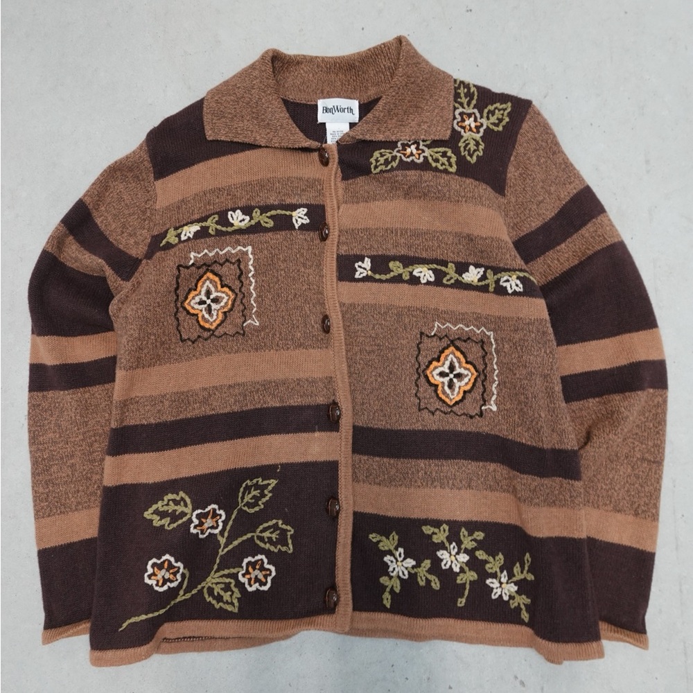 Brown and Tan Striped Sweater with Floral Embroidery